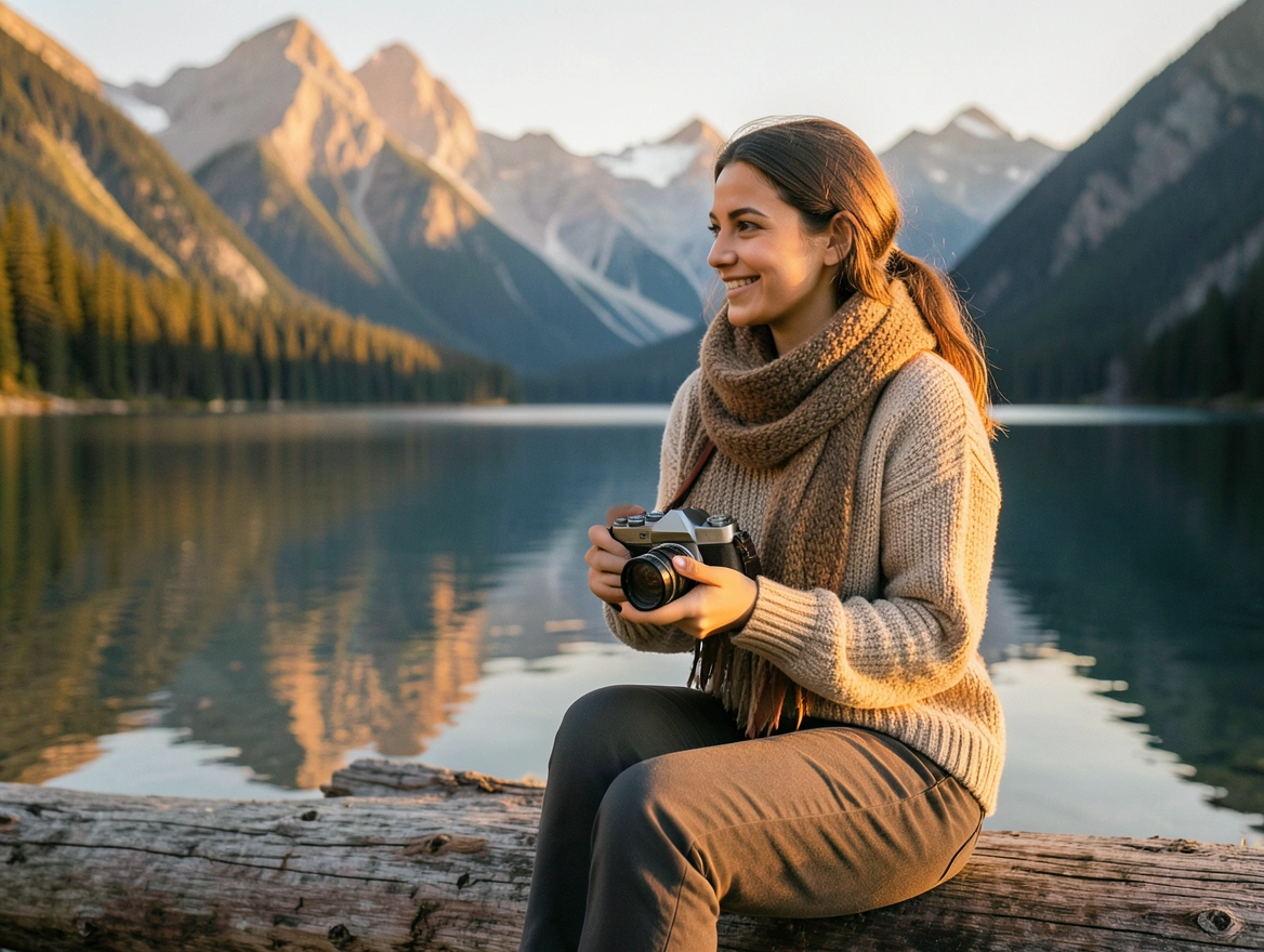 Émilie assise près d'un lac de montagne, un appareil photo argentique à la main