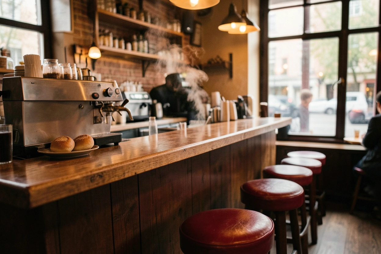 Intérieur chaleureux d'un bistro montréalais avec bar en bois et bagels