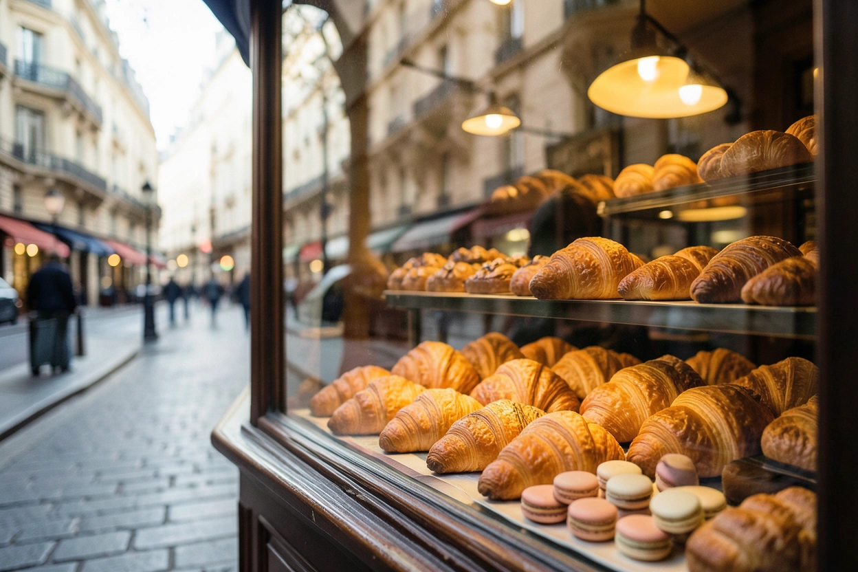 Vitrine d'une pâtisserie parisienne pleine de croissants dorés