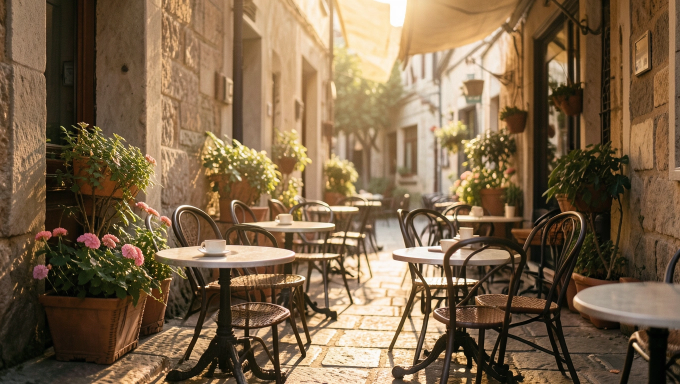 Terrasse de café européen au matin, chaises et plantes fleuries