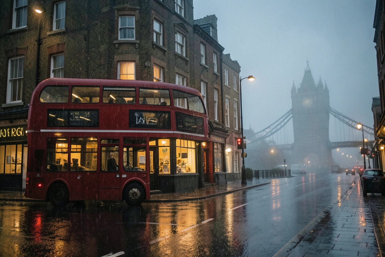 Bus rouge londonien devant un pub sous la pluie, Tower Bridge dans le brouillard