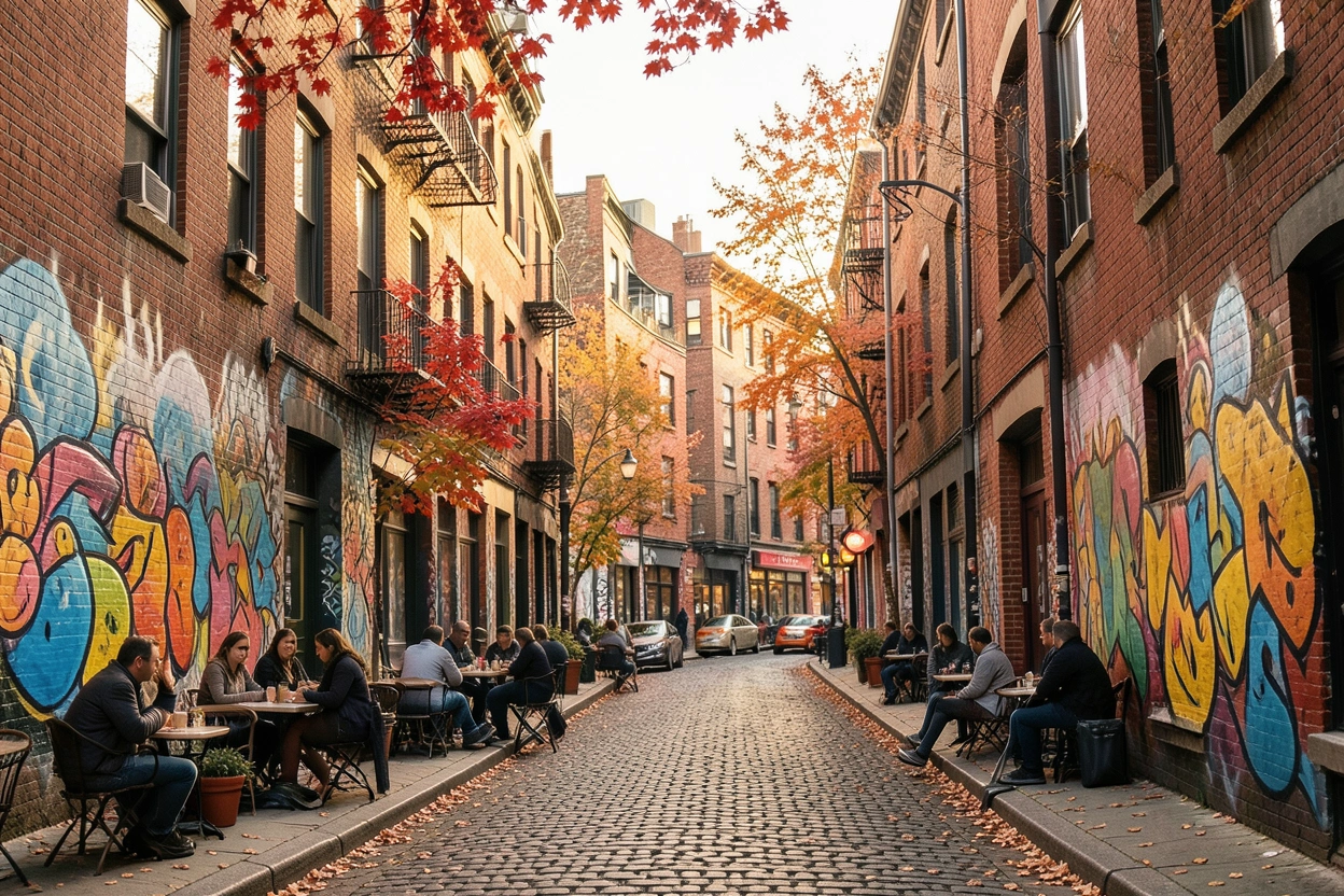 Rue ancienne de Montréal au coucher du soleil