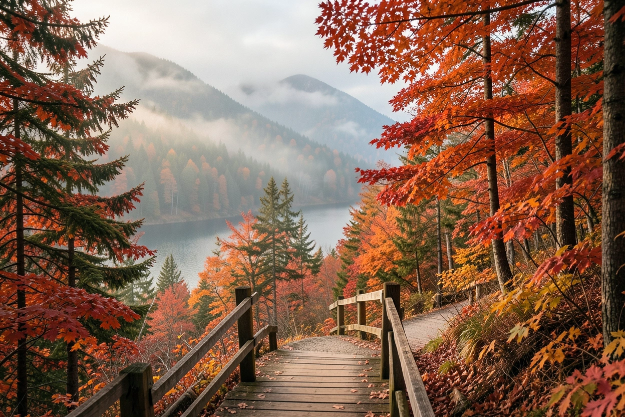 Forêt d'automne orange et rouge dans les Laurentides, sentier de randonnée