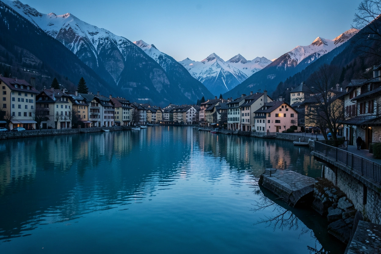 Vue du lac d'Annecy entre les toits anciens et les crêtes