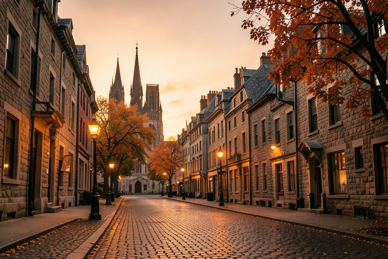 Le Vieux-Montréal en automne, rues pavées et lumières chaudes
