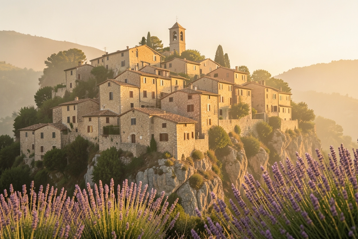 Village de pierre provençal perché sur une colline, lavande au premier plan