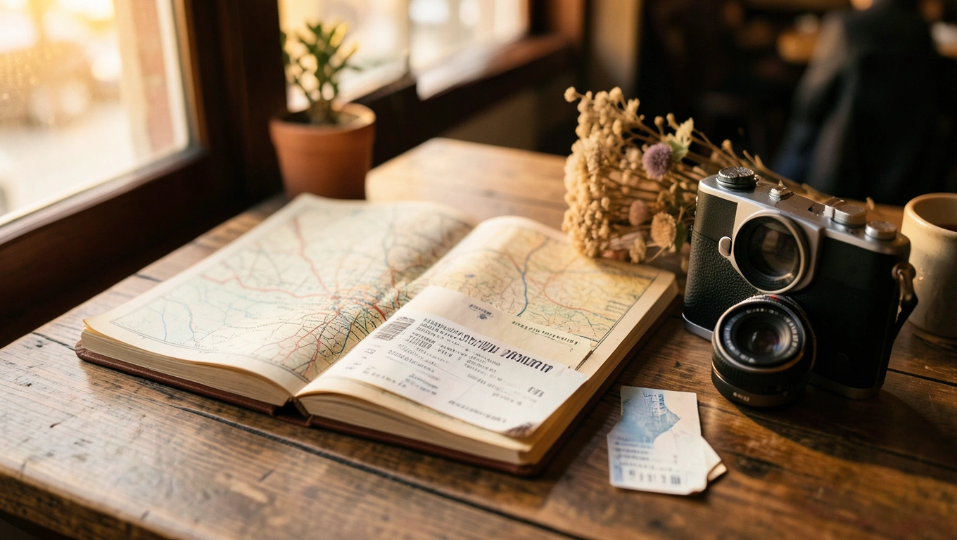 Un carnet de voyage ouvert sur une table en bois avec une carte, des fleurs séchées et un appareil photo argentique