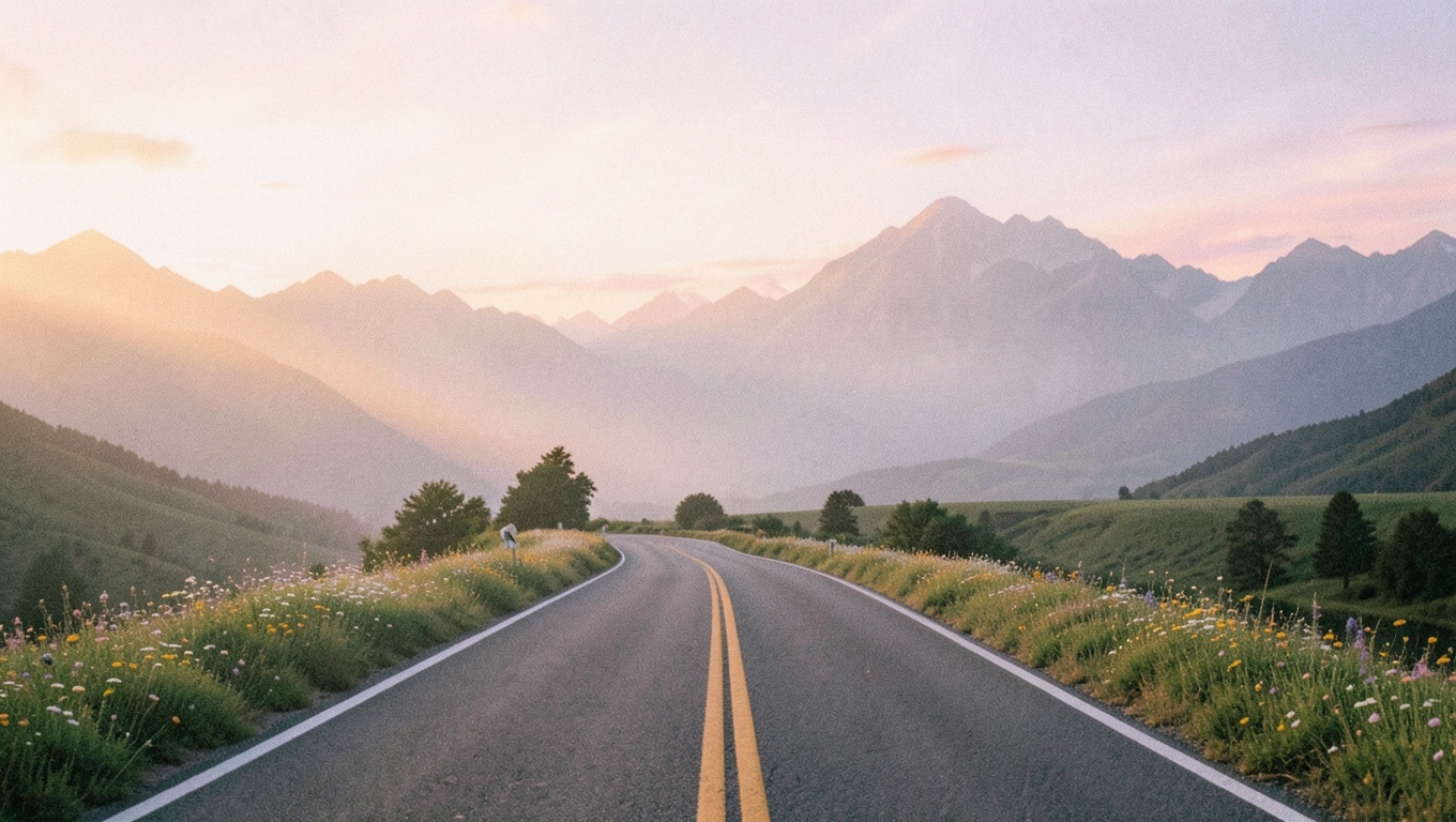 Une route sinueuse vers des montagnes sous un ciel pastel à l'aube