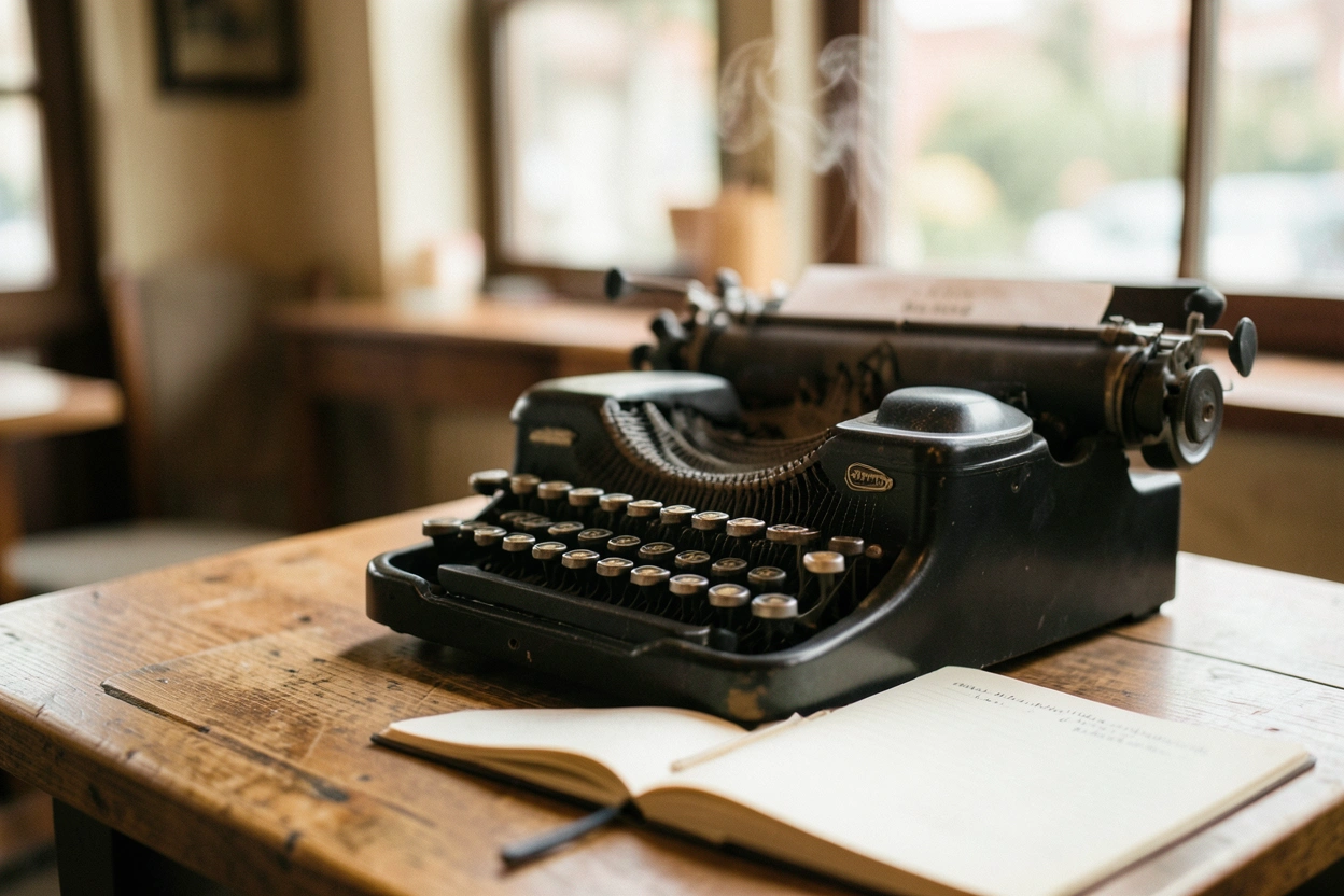 Machine à écrire vintage, café et carnet sur une table en bois