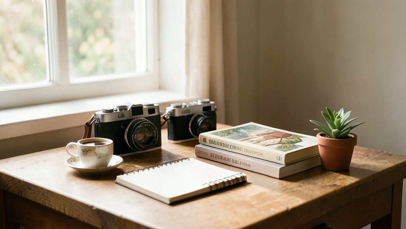 Espace de travail cosy près d'une fenêtre, appareil photo et carnets