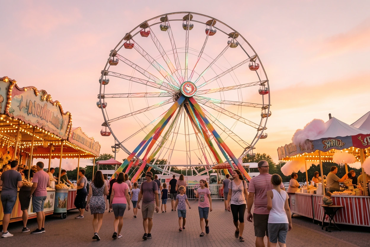 Grande roue colorée et manèges vintage d'un parc d'attractions au coucher du soleil